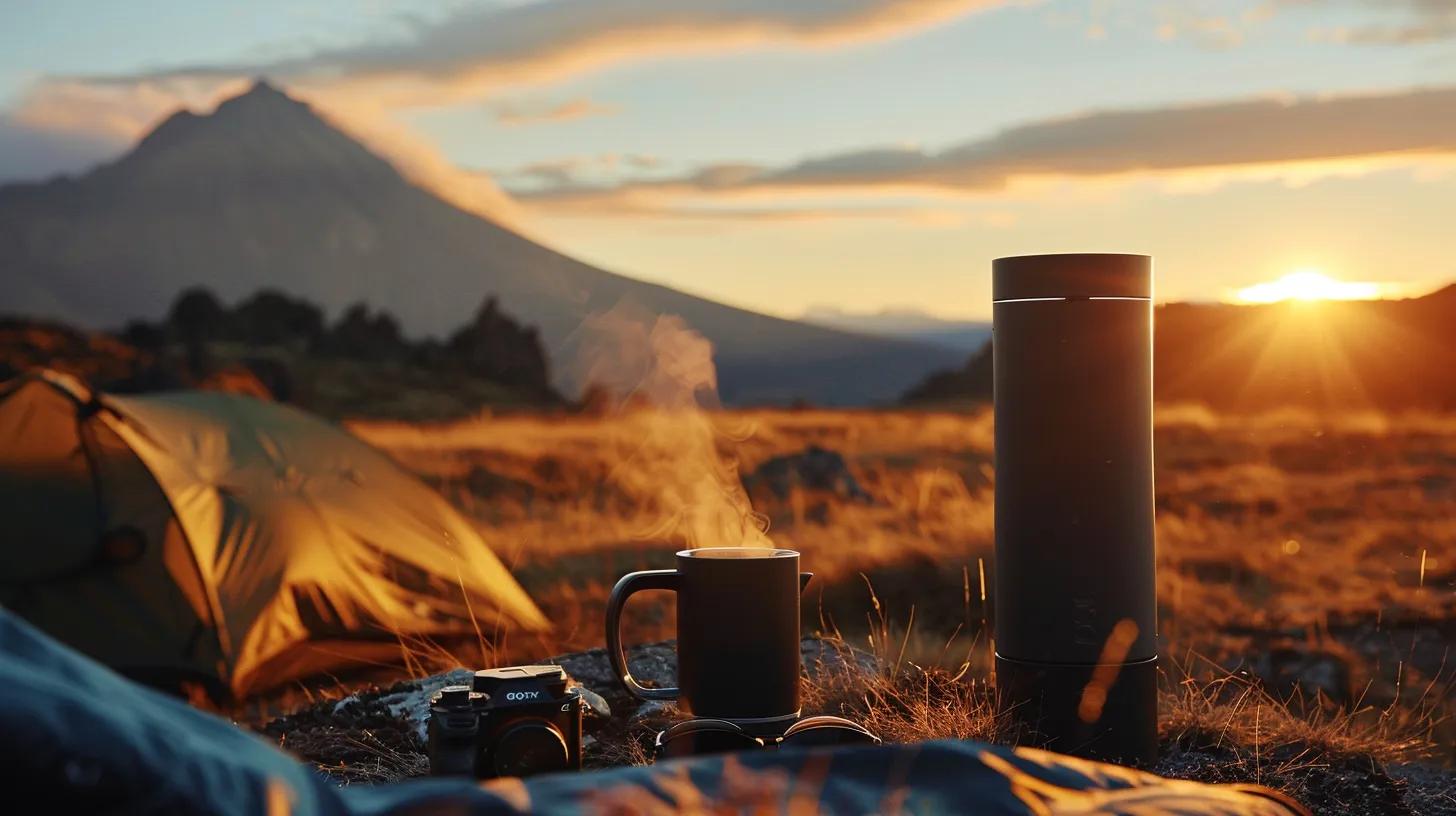 a sleek, modern camping setup showcases a steaming cup of papua new guinea wolf instant coffee beside a compact portable coffee maker, set against a rugged outdoor backdrop with a distant mountain silhouette at dawn. a sleek, modern camping setup showcases a steaming cup of papua new guinea wolf instant coffee beside a compact portable coffee maker, set against a rugged outdoor backdrop with a distant mountain silhouette at dawn.