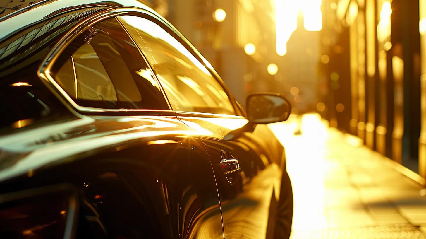 a sleek, modern car with tinted windows parked in a sun-drenched urban setting, emphasizing the contrast between the reflective glass and the bright sunlight, symbolizing enhanced temperature control and comfort. a sleek, modern car with tinted windows parked in a sun-drenched urban setting, emphasizing the contrast between the reflective glass and the bright sunlight, symbolizing enhanced temperature control and comfort.