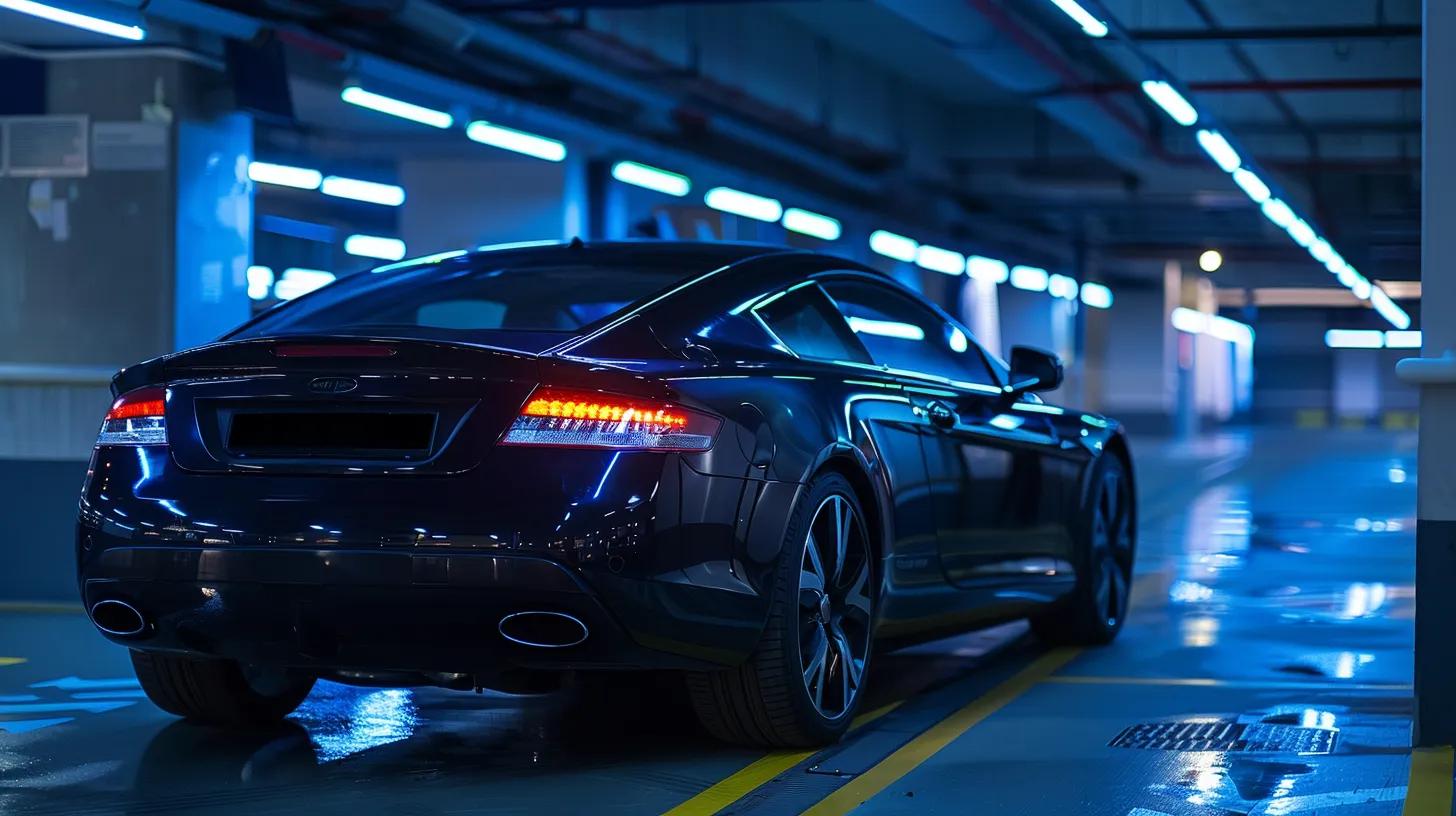a sleek, modern car with heavily tinted windows parked in an urban garage, the reflections of city lights creating a sophisticated ambiance that emphasizes the enhanced privacy and security aspects of car tinting. a sleek, modern car with heavily tinted windows parked in an urban garage, the reflections of city lights creating a sophisticated ambiance that emphasizes the enhanced privacy and security aspects of car tinting.