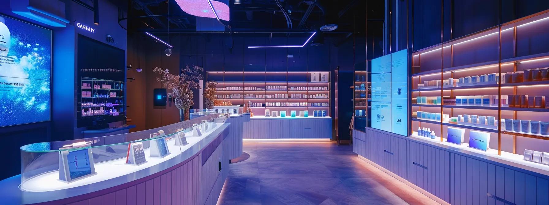 a sleek, modern cbd dispensary interior showcases interactive digital kiosks displaying product information and ai-driven recommendations, amidst vibrant product displays, all under dynamic, contemporary lighting that highlights a seamless blend of traditional retail charm and cutting-edge technology.