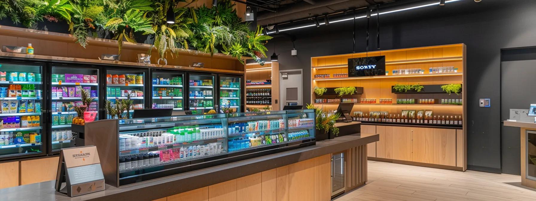 a sleek, modern checkout counter in a stylish cannabis retail shop, with clear signage displaying age verification policies and an array of colorful thc drink labels, creating an atmosphere of responsible purchasing and legal awareness. a sleek, modern checkout counter in a stylish cannabis retail shop, with clear signage displaying age verification policies and an array of colorful thc drink labels, creating an atmosphere of responsible purchasing and legal awareness.