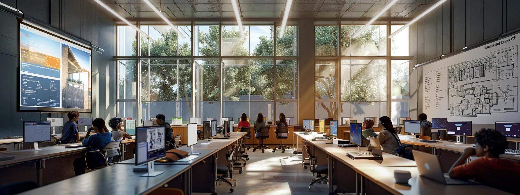 a sleek, modern classroom adorned with architectural plans and digital design tools, featuring students engaged in a dynamic tutorial session with 3d models and interactive screens all around.