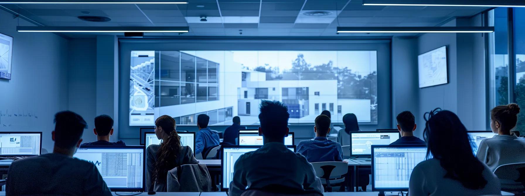 a sleek, modern classroom filled with attentive students engaging in an online architecture detailing session, with large screens displaying intricate designs and common mistakes highlighted in sharp, vibrant detail.