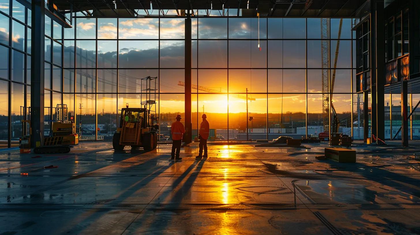 a sleek, modern commercial building under construction in knoxville, showcasing diverse construction equipment and workers diligently collaborating, bathed in the warm glow of the setting sun, highlighting the craftsmanship and potential of commercial development. a sleek, modern commercial building under construction in knoxville, showcasing diverse construction equipment and workers diligently collaborating, bathed in the warm glow of the setting sun, highlighting the craftsmanship and potential of commercial development.