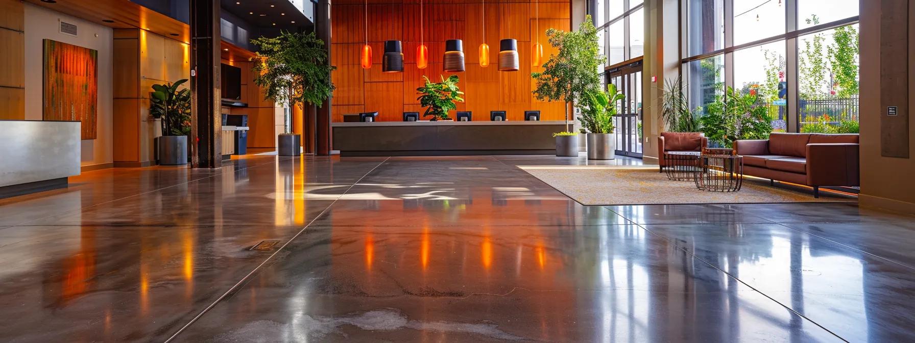 a sleek, modern commercial lobby in sacramento showcases a stunning stained concrete floor, highlighting its durability and unique design with polished surfaces that reflect ambient lighting and create an inviting atmosphere.