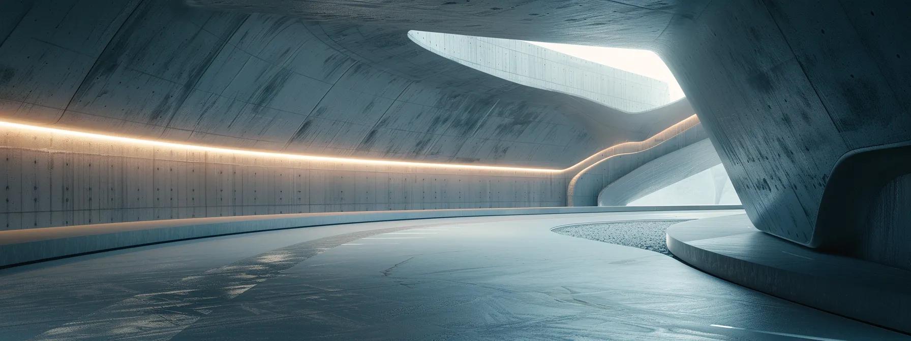 a sleek, modern concrete parking area stretches into the distance, showcasing its smooth, robust surface under stark artificial lights, emphasizing its durability and resilient design against a backdrop of urban infrastructure.