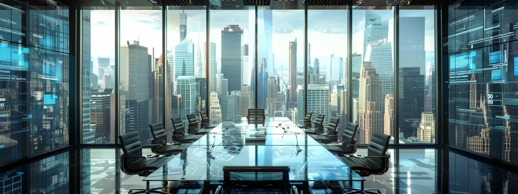 a sleek, modern conference room features a polished glass table surrounded by high-backed chairs, with vibrant digital displays projecting innovative ideas against a backdrop of city skyscrapers visible through large windows. a sleek, modern conference room features a polished glass table surrounded by high-backed chairs, with vibrant digital displays projecting innovative ideas against a backdrop of city skyscrapers visible through large windows.