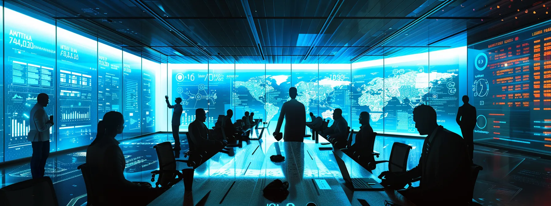 a sleek, modern conference room filled with diverse professionals analyzing a large digital display of seasonal keyword trends, showcasing a vibrant dashboard filled with dynamic graphs and analytics in a high-tech office environment.