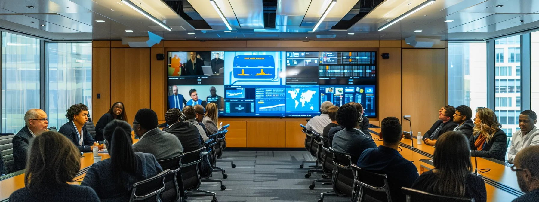 a sleek, modern conference room filled with diverse professionals engaged in a dynamic strategy session, illuminated by warm overhead lighting and equipped with advanced technology displays showcasing crisis management protocols and collaboration tools.