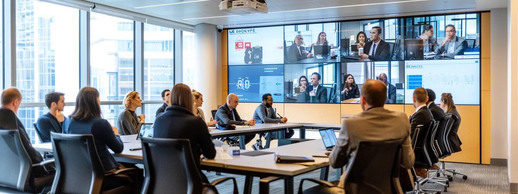a sleek, modern conference room filled with diverse professionals deep in discussion, flanked by large screens displaying dynamic pr strategy presentations, emphasizing a forward-thinking approach to tv exposure and media integration.