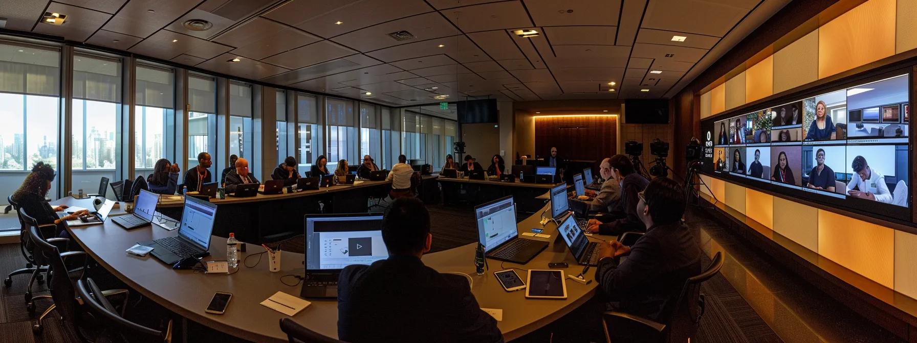 a sleek, modern conference room is filled with diverse professionals engaged in a dynamic brainstorming session over laptops and digital screens, showcasing collaborative energy and effective communication as they align on a vibrant video production project.