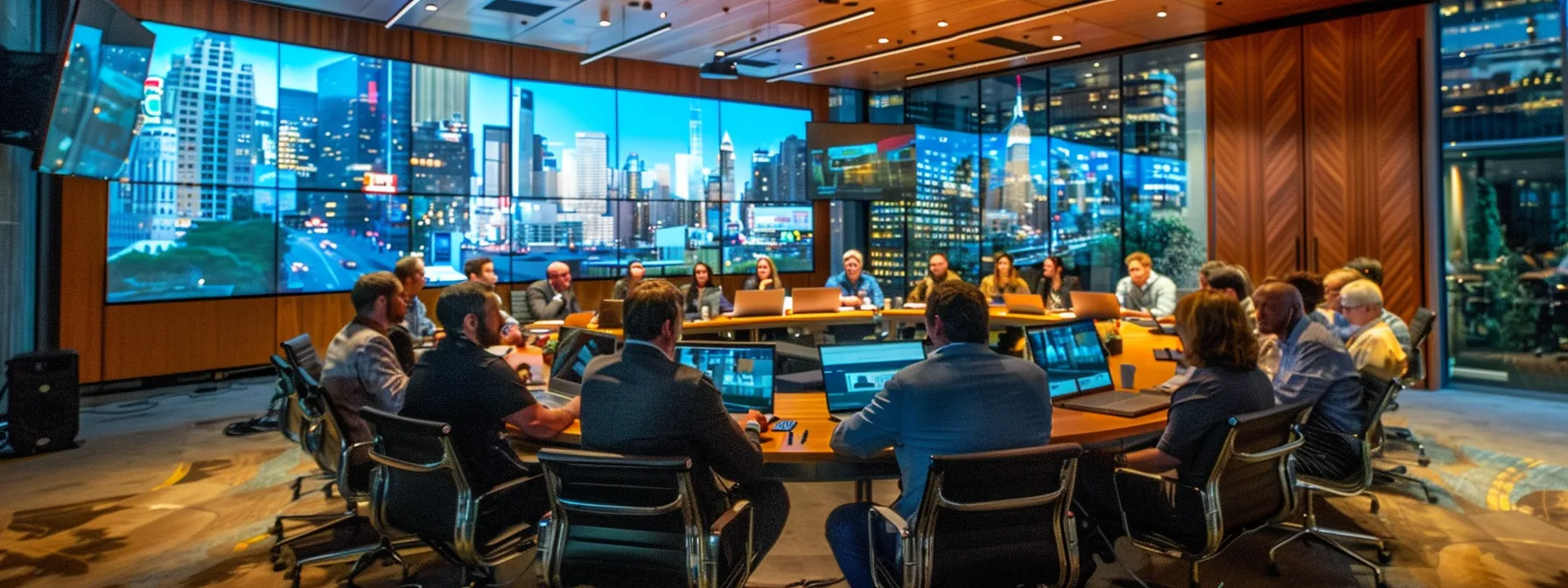 a sleek, modern conference room in new york city, featuring a large round table surrounded by business professionals engaged in a focused discussion, with a projector screen displaying bold questions about pr agency capabilities in advertising and communications.