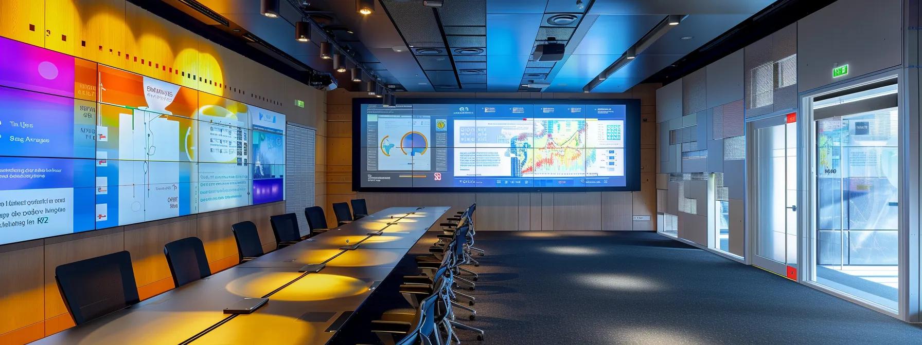 a sleek, modern conference room is illuminated by soft overhead lights, showcasing a large interactive display screen featuring vibrant diagrams and charts that emphasize best practices for effective design for manufacturing (dfm) and design for assembly (dfa).