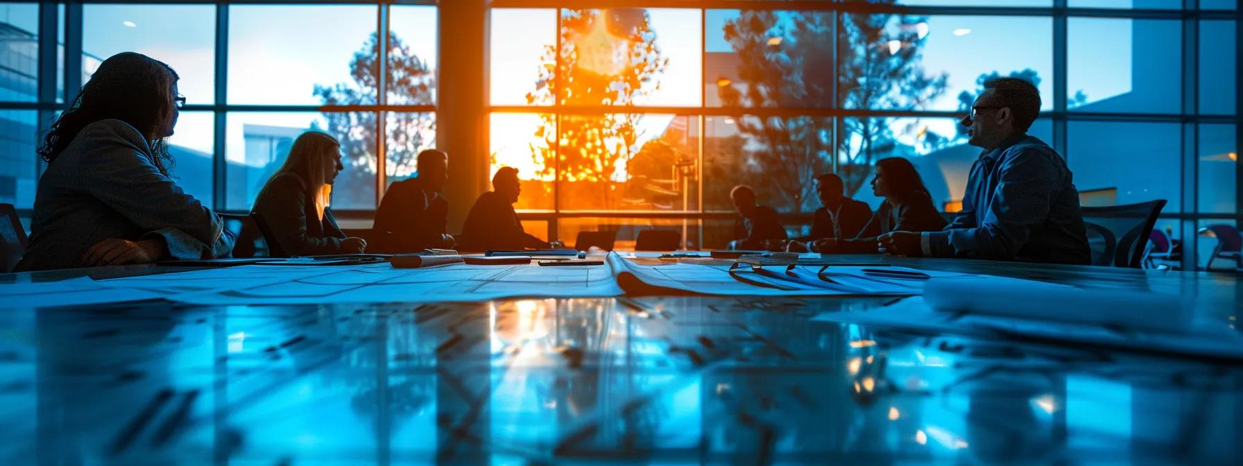 a sleek, modern conference room in san diego showcases a large table surrounded by professionals engaged in an animated discussion, with blueprints of a commercial paving project spread out, emphasizing the importance of clear objectives and collaboration in construction planning. a sleek, modern conference room in san diego showcases a large table surrounded by professionals engaged in an animated discussion, with blueprints of a commercial paving project spread out, emphasizing the importance of clear objectives and collaboration in construction planning.