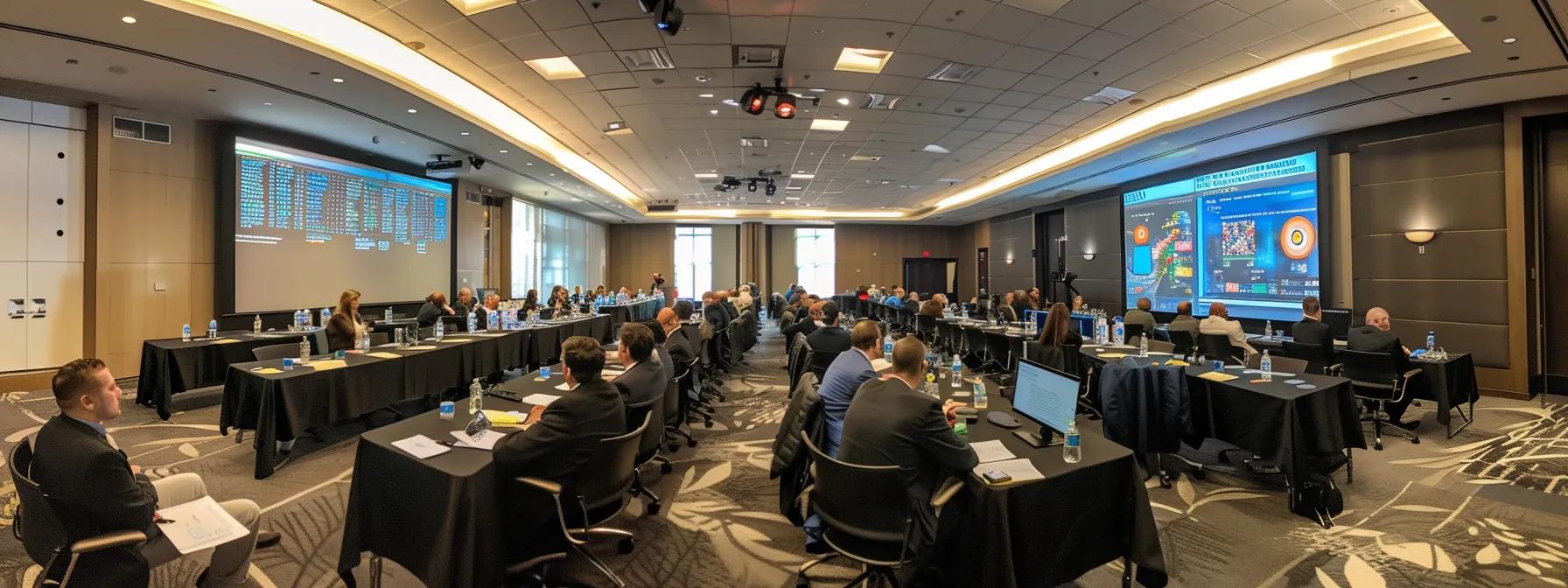 a sleek, modern conference room is filled with professionals intently discussing a detailed strategic plan for tv coverage in 2025, with digital screens displaying data and graphics illustrating brand objectives and audience metrics.