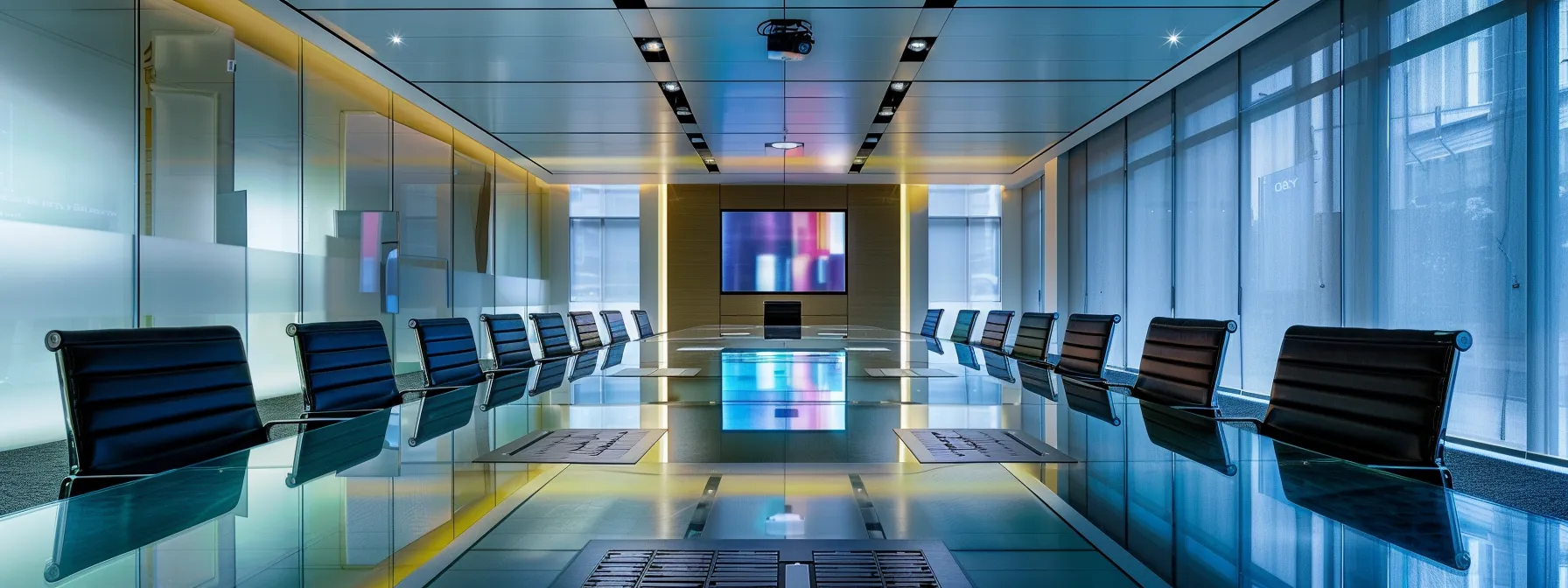 a sleek, modern conference room with a large glass table surrounded by ergonomic chairs, illuminated by soft, warm overhead lighting, showcases a vibrant digital presentation on a wall-mounted screen, capturing the essence of innovation and collaboration in a corporate environment.
