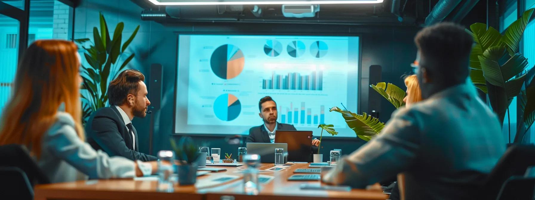 a sleek, modern conference room with a large presentation screen displaying insurance policy outlines, surrounded by professionals engaging in a strategic discussion about condo coverage limits and deductibles.