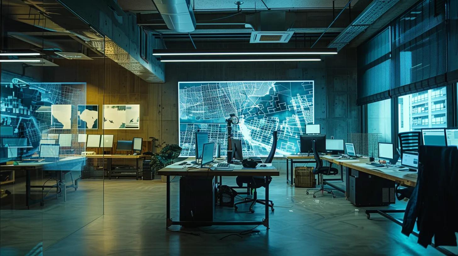 a sleek, modern construction office in knoxville, filled with blueprints, digital screens displaying smart building technologies, and collaborative teams engaged in dynamic discussions about current trends in commercial construction.