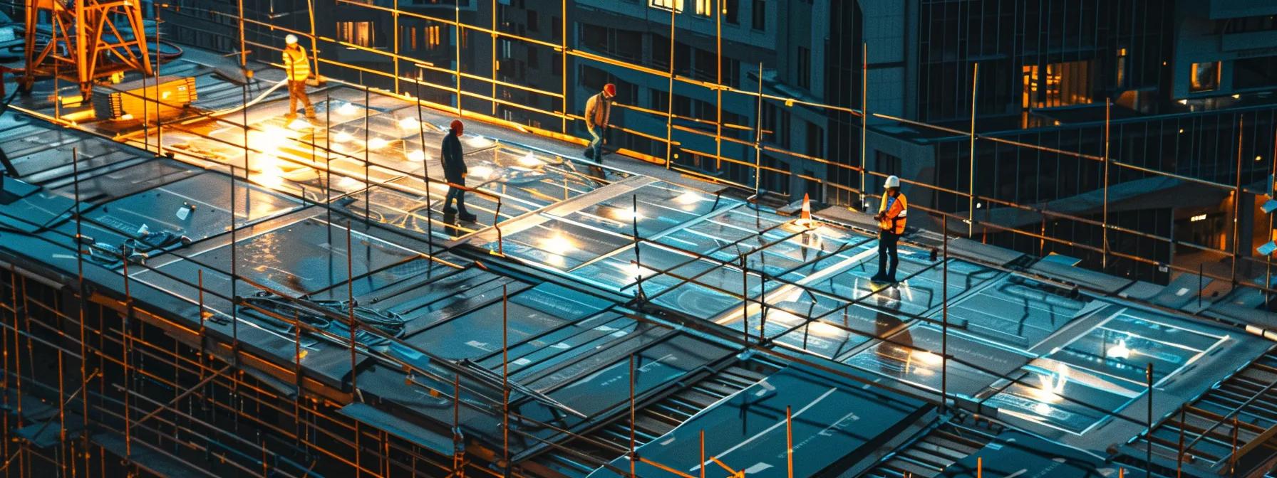 a sleek, modern construction site is bustling with activity as workers meticulously install vibrant, patterned tiles on a rooftop under the bright glow of halogen work lights, showcasing the intricate details of the tile roofing process. a sleek, modern construction site is bustling with activity as workers meticulously install vibrant, patterned tiles on a rooftop under the bright glow of halogen work lights, showcasing the intricate details of the tile roofing process.
