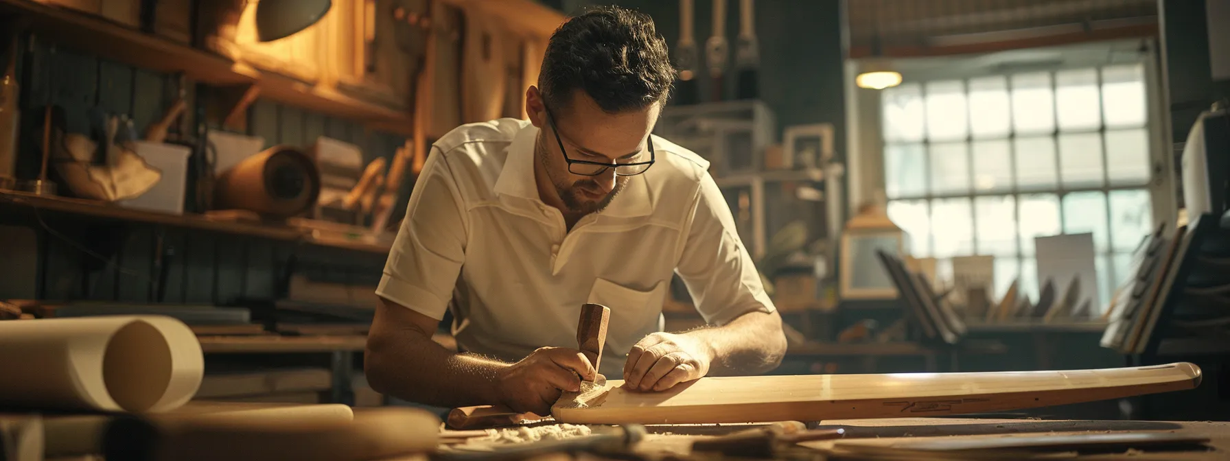a sleek, modern cricket bat workshop features a focused craftsman meticulously shaping a bat's handle, surrounded by tools that reflect precision and expertise, emphasising the art of perfecting bat performance. a sleek, modern cricket bat workshop features a focused craftsman meticulously shaping a bat's handle, surrounded by tools that reflect precision and expertise, emphasising the art of perfecting bat performance.
