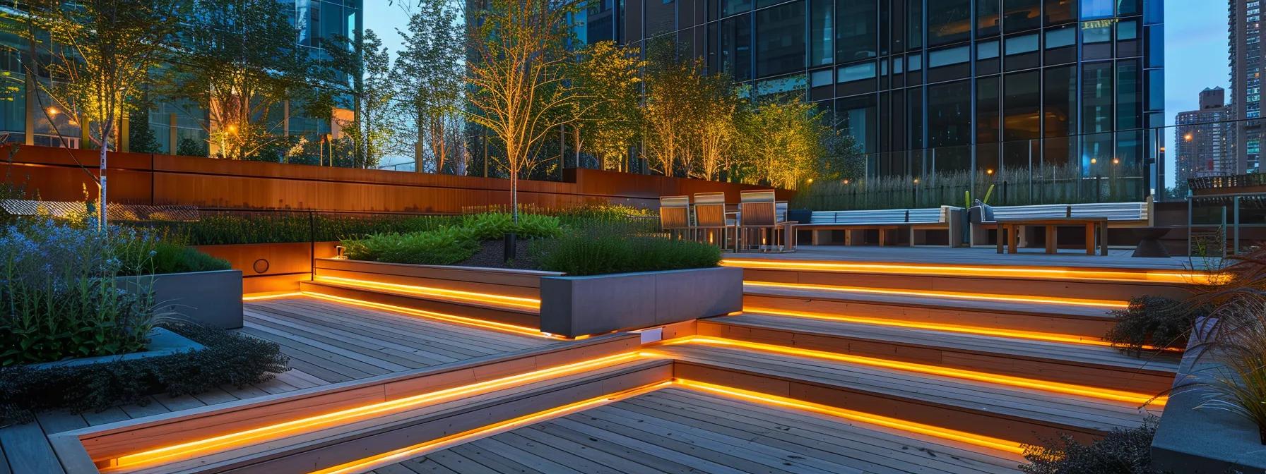 a sleek, modern deck illuminated by sophisticated led lighting, casting a warm glow over stylish seating areas and elegantly highlighting architectural features, set against the backdrop of an upscale urban evening. a sleek, modern deck illuminated by sophisticated led lighting, casting a warm glow over stylish seating areas and elegantly highlighting architectural features, set against the backdrop of an upscale urban evening.