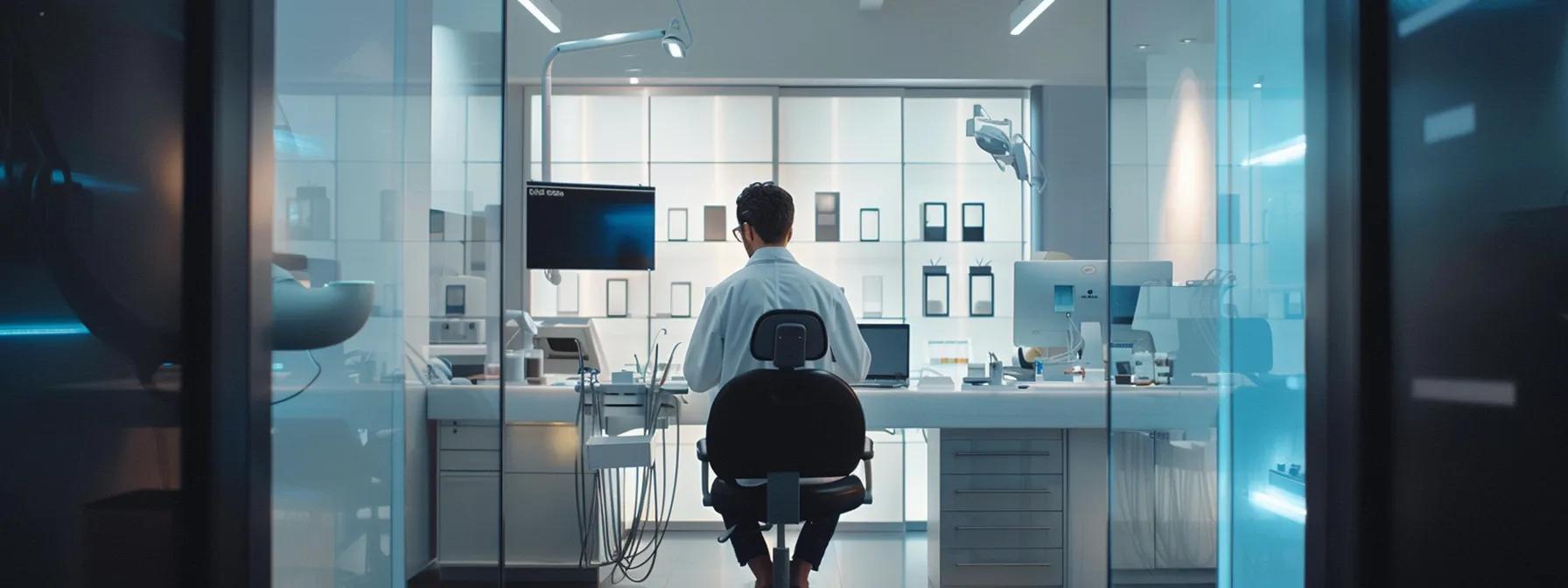 a sleek, modern dental clinic showcases an expert cosmetic dentist meticulously examining a patient's tooth with advanced digital imaging equipment, highlighting the precision and technology integral to cosmetic bonding procedures.