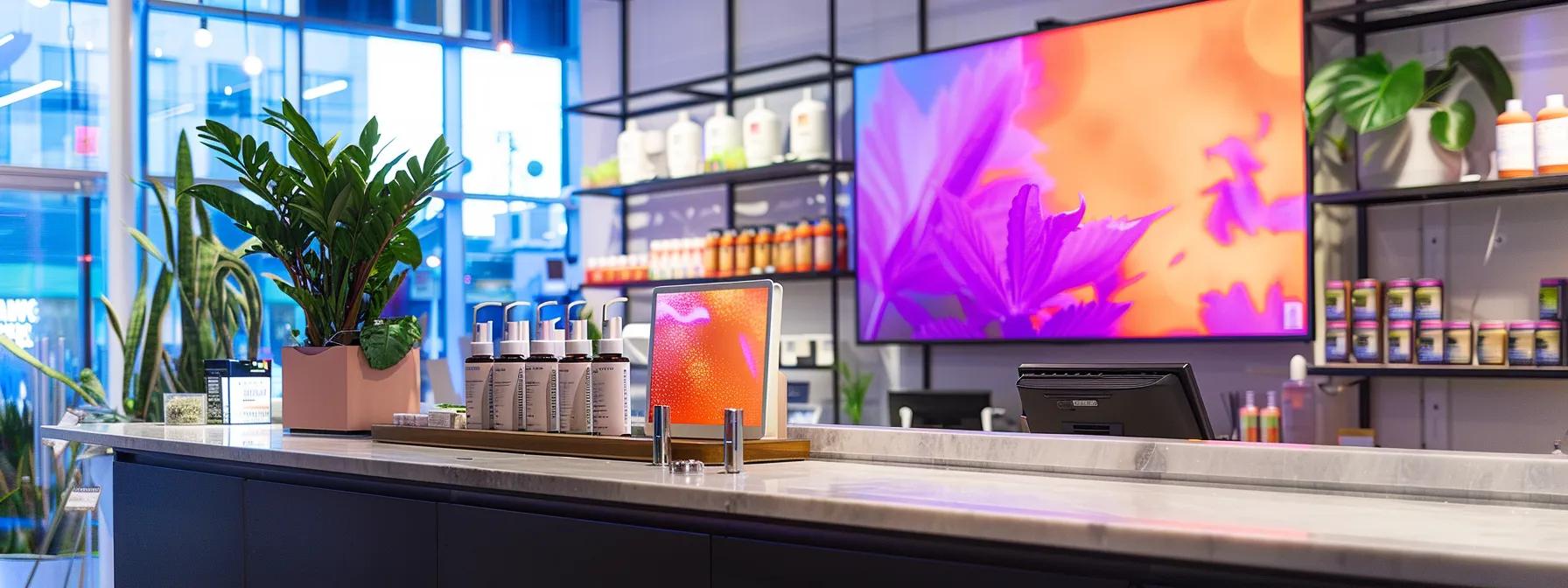 a sleek, modern digital storefront showcases an array of premium usda organic full spectrum cbd flower products, with vibrant product images and an intuitive interface displayed on a high-resolution screen in a contemporary office environment, reflecting cutting-edge technology and consumer trust.