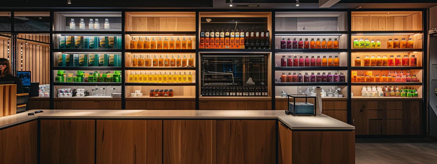 a sleek, modern dispensary interior showcases an enticing display of vibrant thc-infused drinks in elegant packaging, where knowledgeable staff engage with customers in a sophisticated urban setting. a sleek, modern dispensary interior showcases an enticing display of vibrant thc-infused drinks in elegant packaging, where knowledgeable staff engage with customers in a sophisticated urban setting.