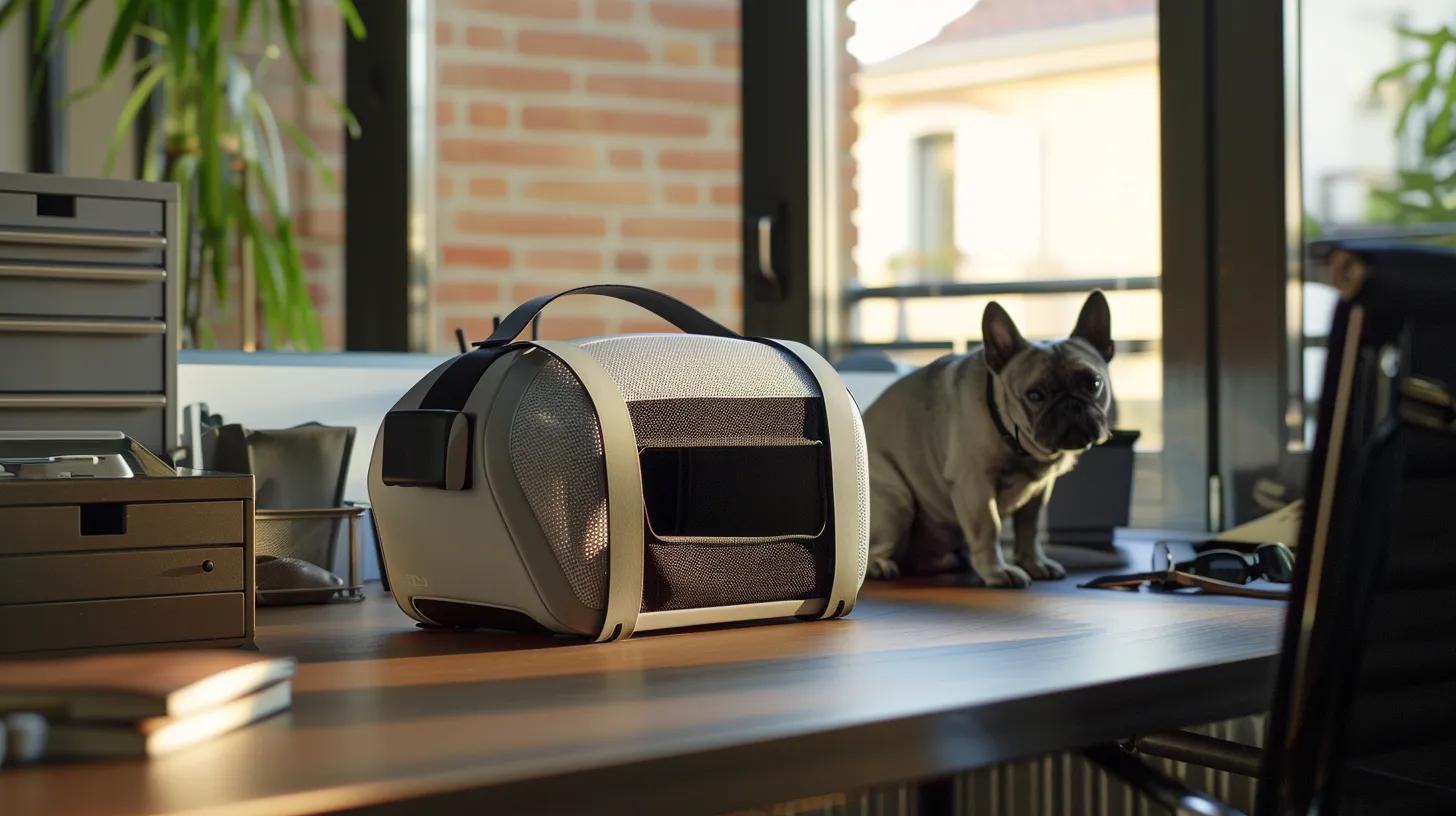 a sleek, modern dog carrier is prominently displayed on a polished office desk, surrounded by neatly organized dog accessories, emphasizing the importance of selecting the right size for both convenience and safety during walks. a sleek, modern dog carrier is prominently displayed on a polished office desk, surrounded by neatly organized dog accessories, emphasizing the importance of selecting the right size for both convenience and safety during walks.