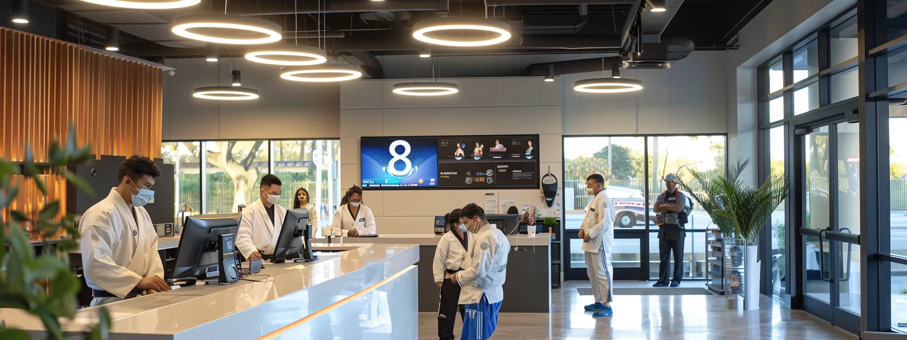 a sleek, modern dojo interior showcases a bustling scene of martial arts students engaged in training, illuminated by warm, focused lighting, while behind the reception desk, a professional staff member efficiently uses dedicated membership management software on a high-tech computer, symbolizing the seamless integration of technology in enhancing dojo operations. a sleek, modern dojo interior showcases a bustling scene of martial arts students engaged in training, illuminated by warm, focused lighting, while behind the reception desk, a professional staff member efficiently uses dedicated membership management software on a high-tech computer, symbolizing the seamless integration of technology in enhancing dojo operations.