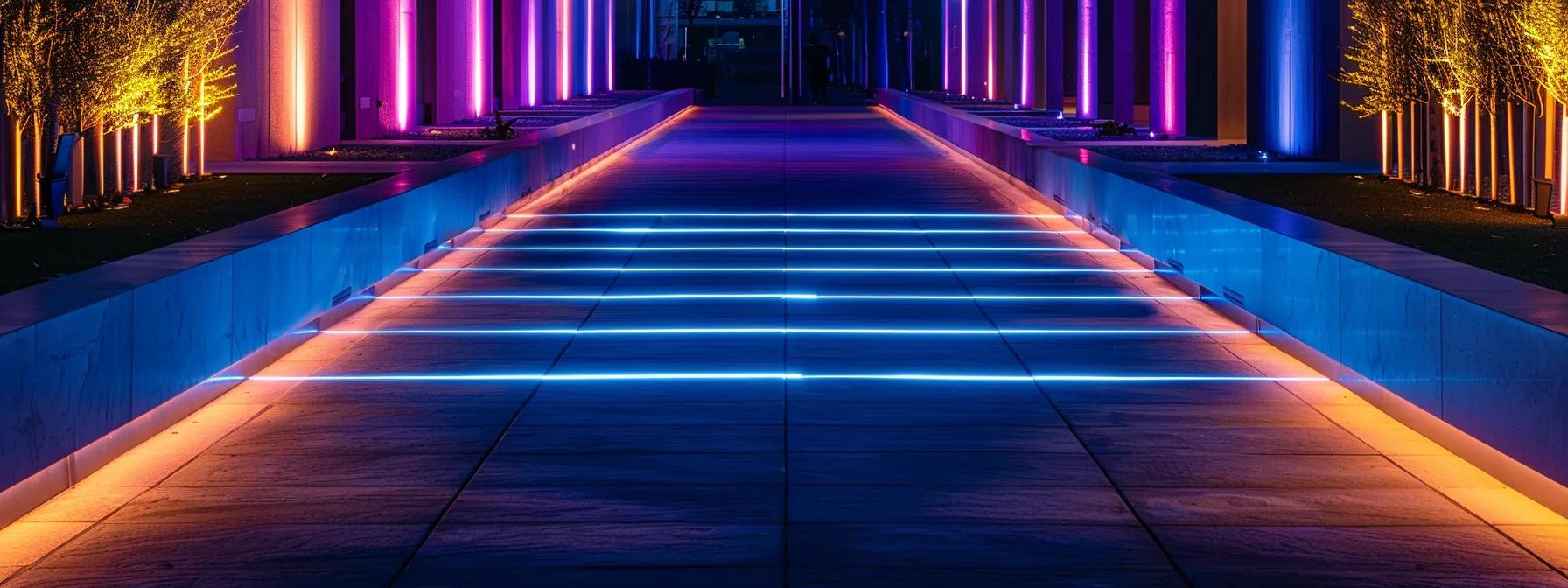 a sleek, modern driveway illuminated by striking led lights, showcasing elegant patterns and vibrant colors against a contemporary urban backdrop, emphasizing both aesthetic appeal and safety. a sleek, modern driveway illuminated by striking led lights, showcasing elegant patterns and vibrant colors against a contemporary urban backdrop, emphasizing both aesthetic appeal and safety.