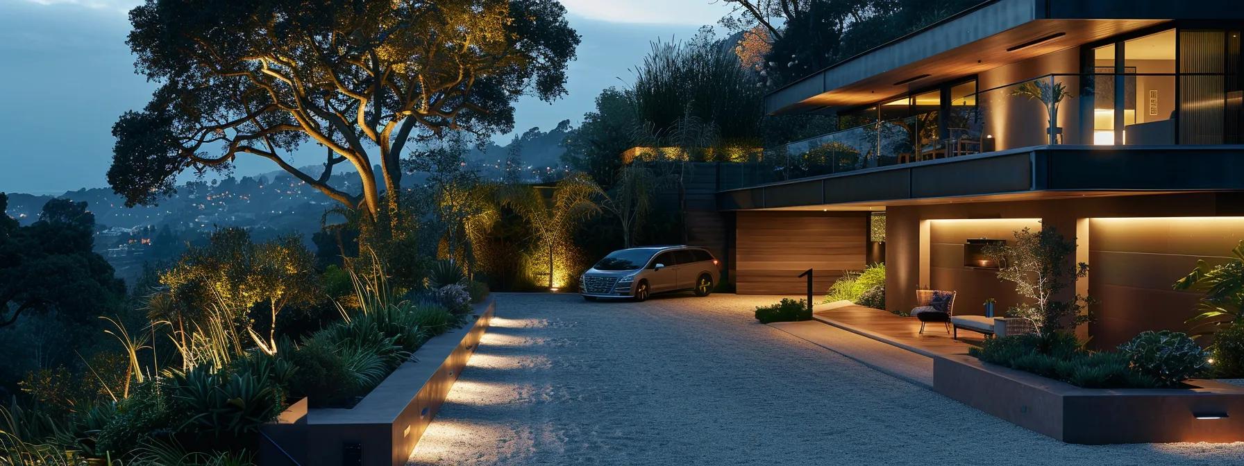 a sleek, modern driveway illuminated by stylish, energy-efficient lighting fixtures casts a warm glow on a contemporary home, showcasing a perfect blend of aesthetic design and cutting-edge technology. a sleek, modern driveway illuminated by stylish, energy-efficient lighting fixtures casts a warm glow on a contemporary home, showcasing a perfect blend of aesthetic design and cutting-edge technology.
