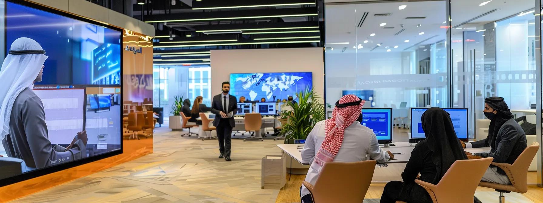 a sleek, modern dubai office space showcases a diverse team of professionals engaged in dynamic discussions, surrounded by digital screens displaying vibrant arabic content marketing strategies tailored for local businesses.