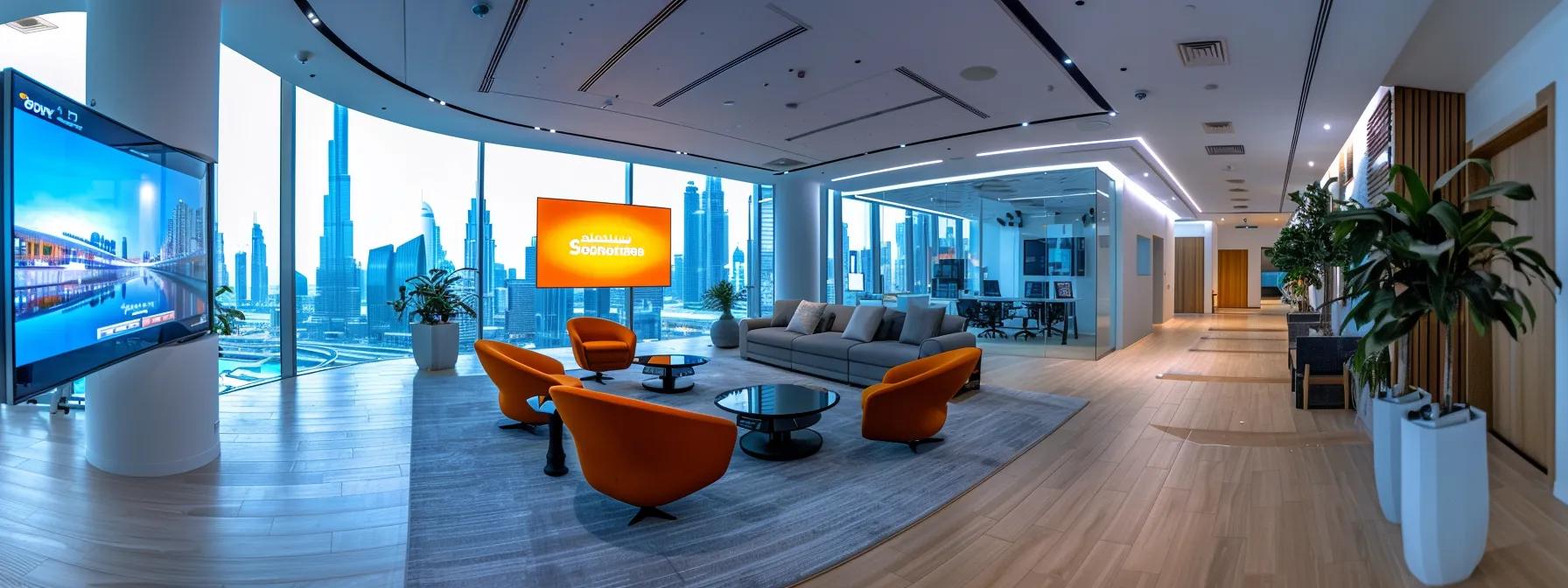 a sleek, modern dubai office space showcases a diverse group of professionals engaged in a dynamic discussion around a digital content strategy presentation, emphasizing the importance of choosing the right arabic content writing agency for impactful digital engagement.