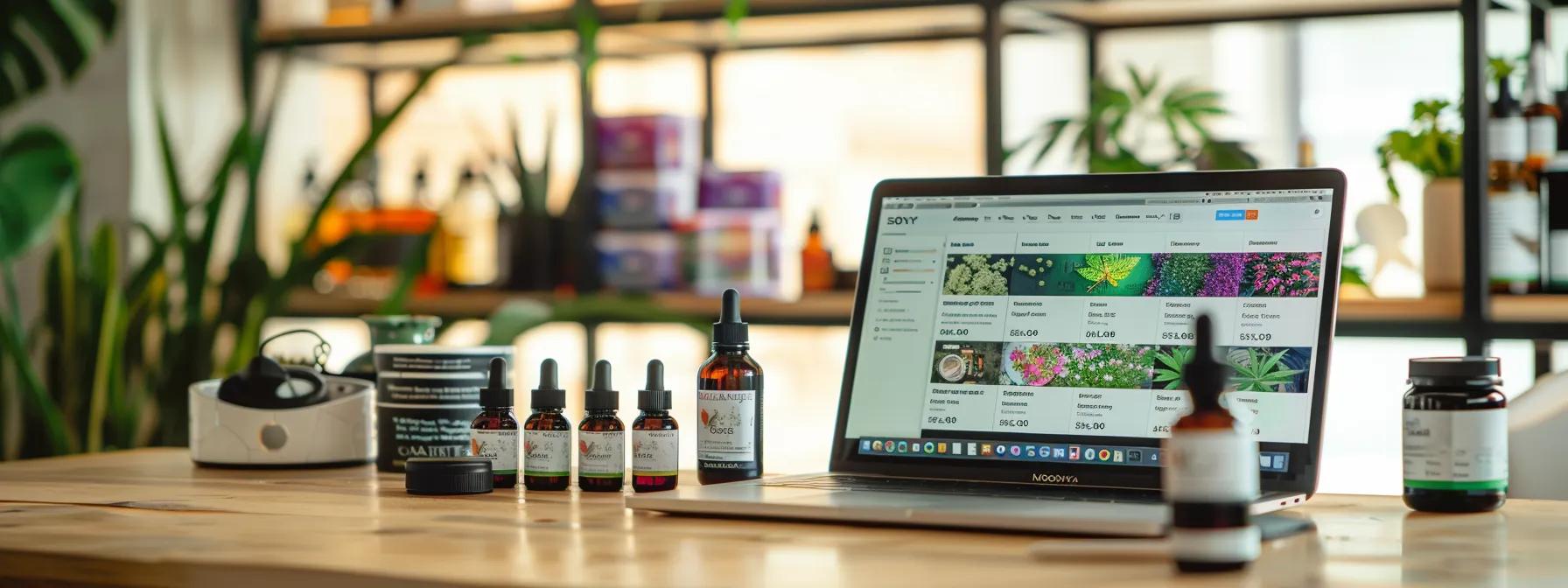 a sleek, modern e-commerce interface displays a vibrant array of full-spectrum cbd products on a smartphone and laptop, emphasizing a seamless shopping experience enhanced by innovative technology and user-friendly design, all set against a minimalist urban workspace backdrop.