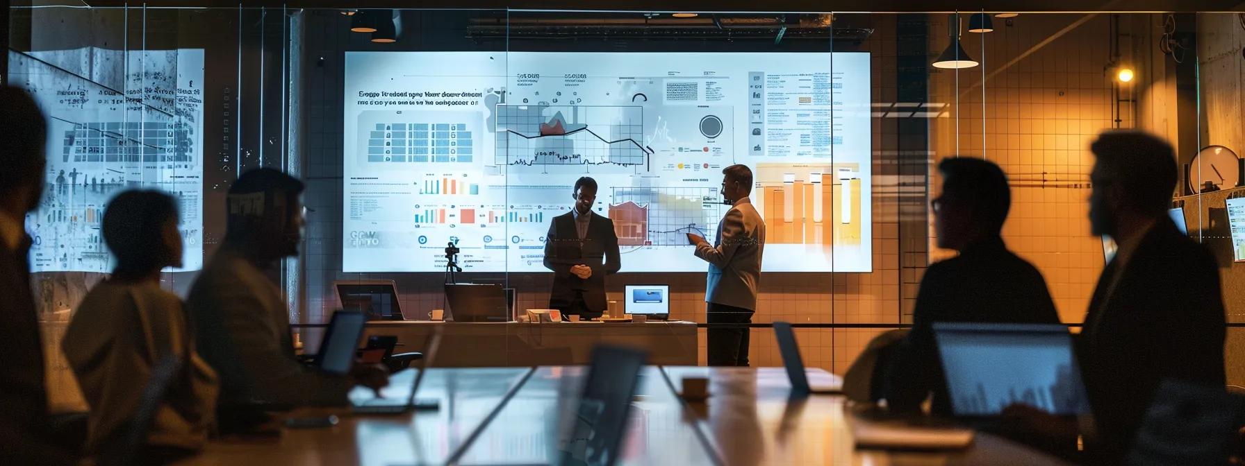 a sleek, modern e-commerce office features a large, transparent screen displaying detailed product information and transparent policies, while a confident team collaboratively analyzes consumer trust metrics.