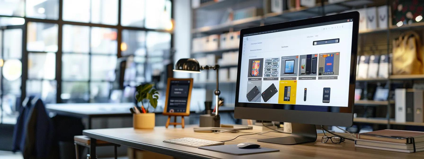 a sleek, modern e-commerce workspace showcases a high-resolution website interface on a large monitor, displaying an organised product gallery and a streamlined checkout process, illuminated by warm, focused lighting to convey a professional and inviting online shopping experience.