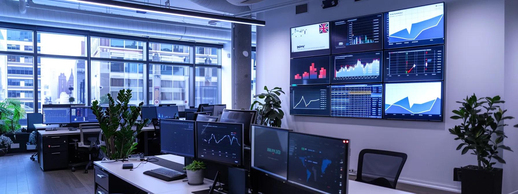 a sleek, modern ecommerce office is filled with large screens displaying dynamic analytics dashboards and a/b testing results, creating a high-tech atmosphere focused on optimizing product page performance for increased sales.
