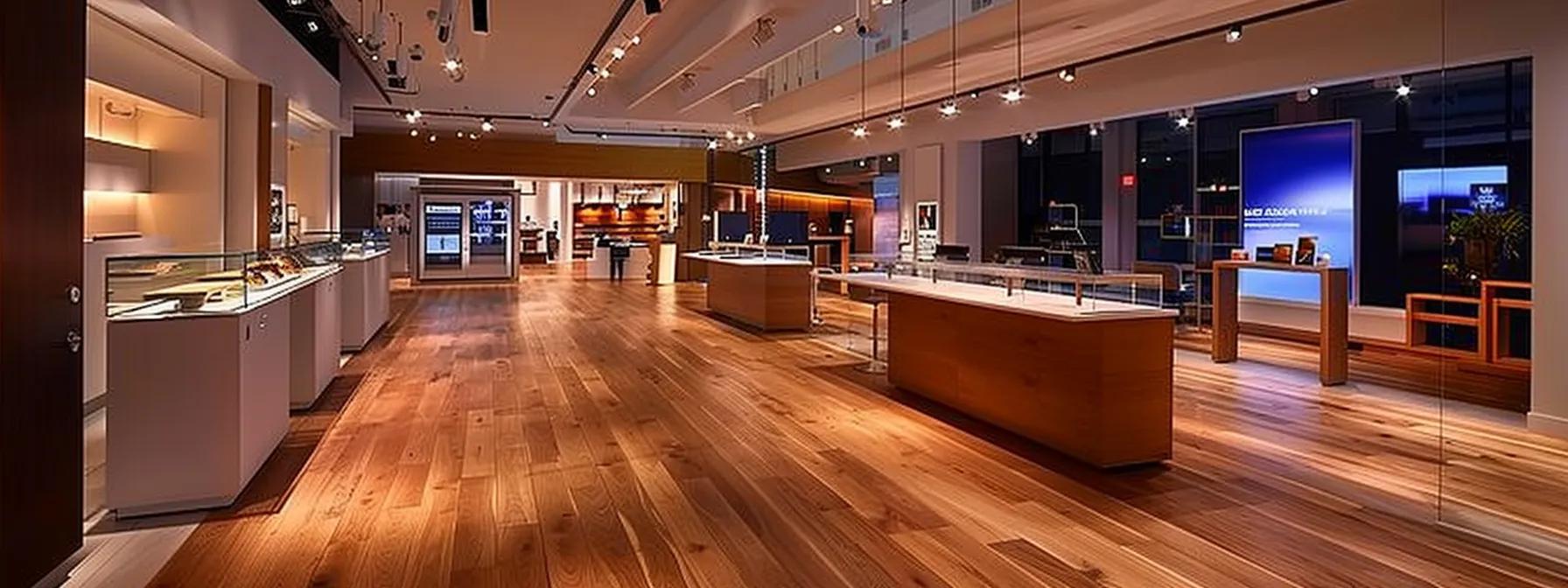 a sleek, modern flooring showroom features an array of elegant hard flooring solutions, showcasing rich engineered hardwood and versatile laminate styles under bright, focused lighting that highlights their intricate textures and finishes.