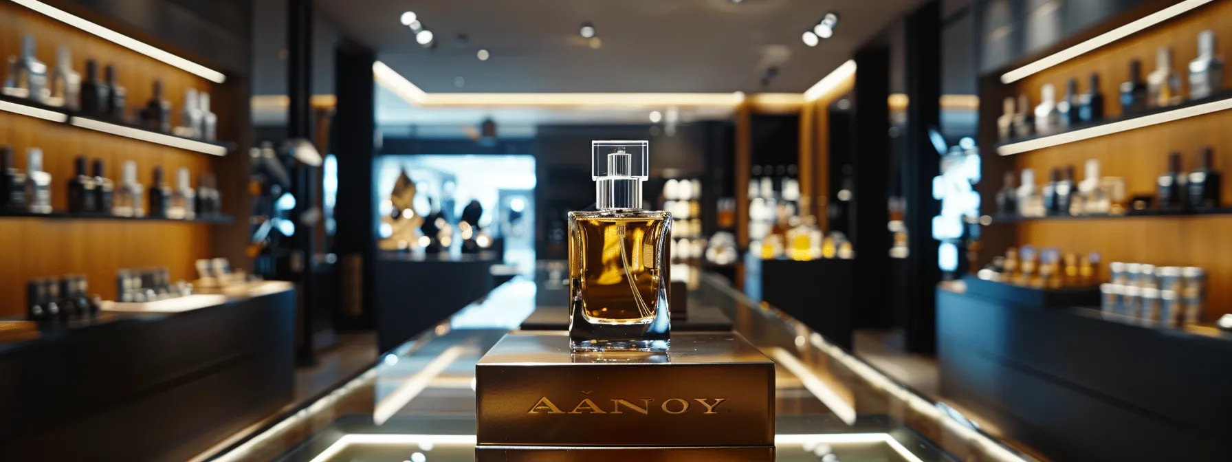 a sleek, modern fragrance display in an upscale boutique, featuring a prominently showcased bottle of reflection man by amouage under elegant spotlighting, accentuating its luxurious design and inviting customers to explore its long-lasting allure.