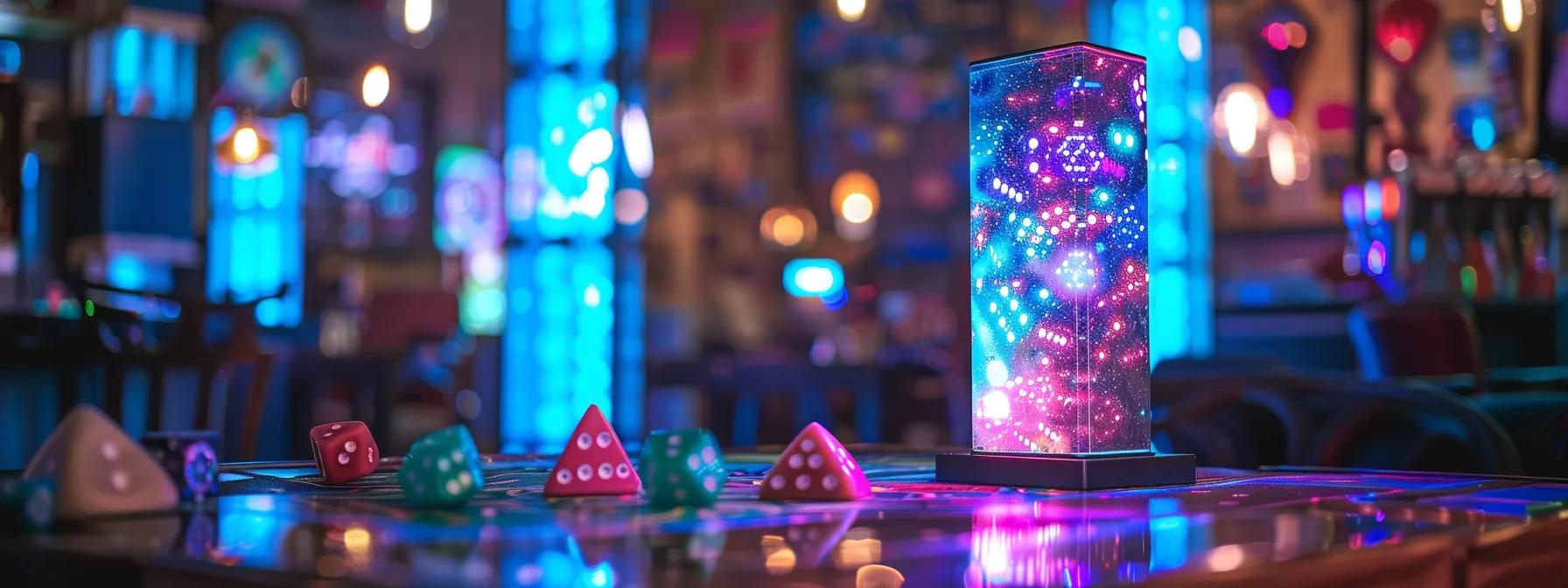 a sleek, modern gaming setup featuring an intricately designed dice tower prominently positioned on a vibrant tabletop, surrounded by an array of colorful gaming dice and strategic board games, illuminated by focused overhead lighting for a dynamic and engaging atmosphere. a sleek, modern gaming setup featuring an intricately designed dice tower prominently positioned on a vibrant tabletop, surrounded by an array of colorful gaming dice and strategic board games, illuminated by focused overhead lighting for a dynamic and engaging atmosphere.