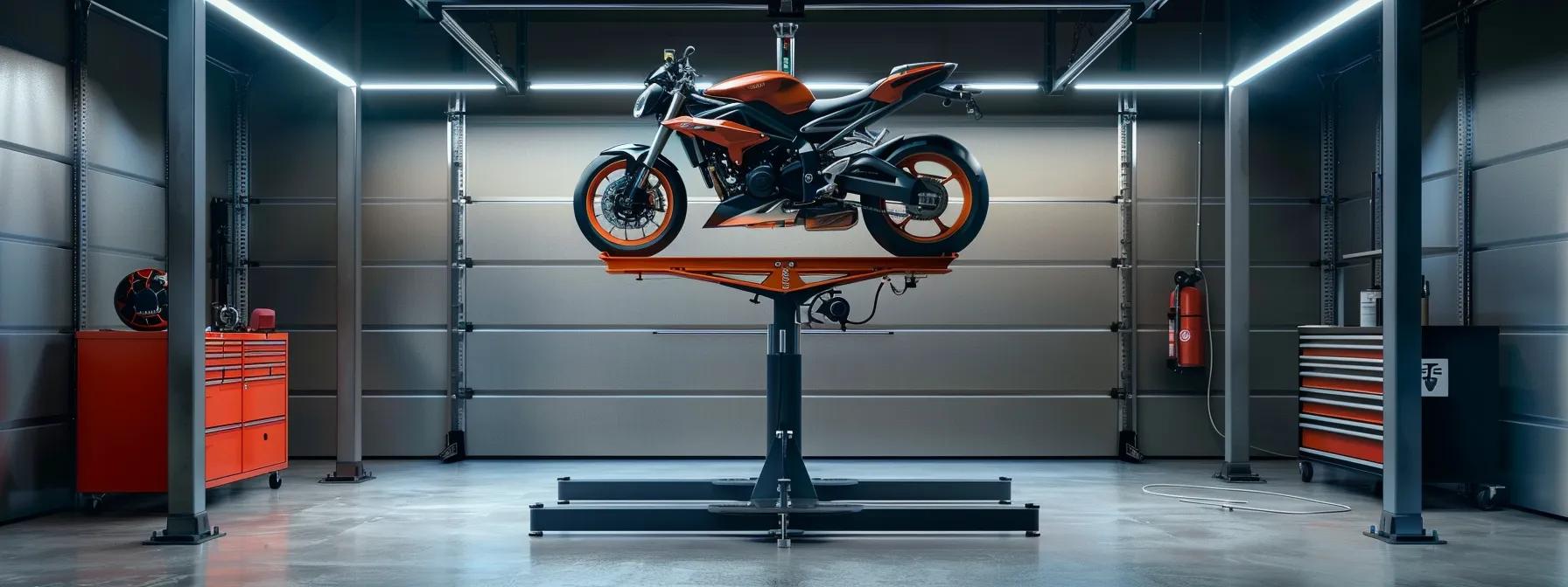 Safe Practices for Motorcycle and ATV Lifts: Expert Guidelines a sleek, modern garage equipped with a robust, hydraulic motorcycle lift perfectly positioned beneath a gleaming motorcycle, showcasing precise alignment and compatibility with the vehicle's dimensions.