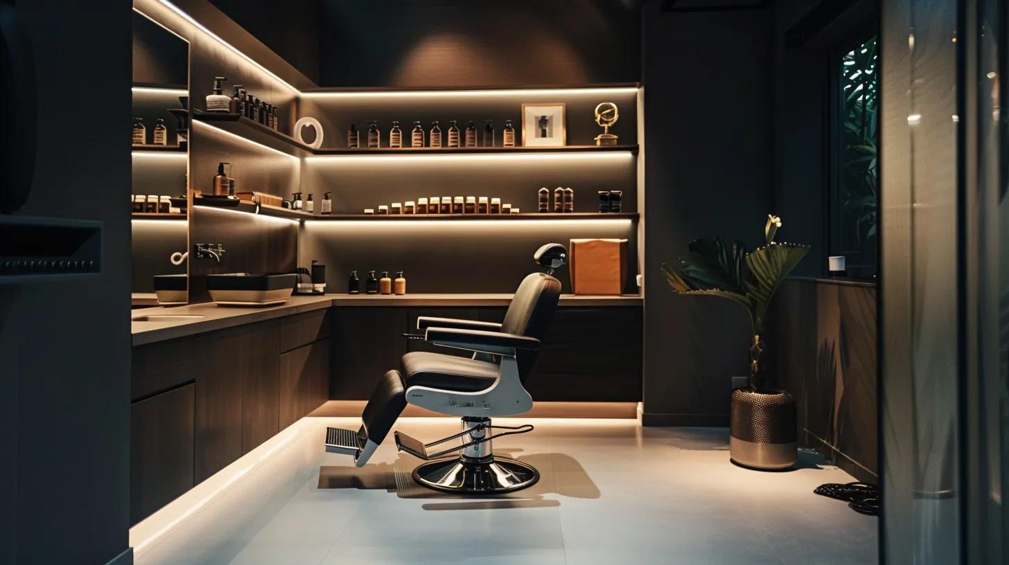 a sleek, modern grooming salon with a precision threading chair illuminated by bright, focused led lights, showcasing a professional meticulously threading facial hair on a well-groomed male client, highlighting the clean and sophisticated atmosphere.