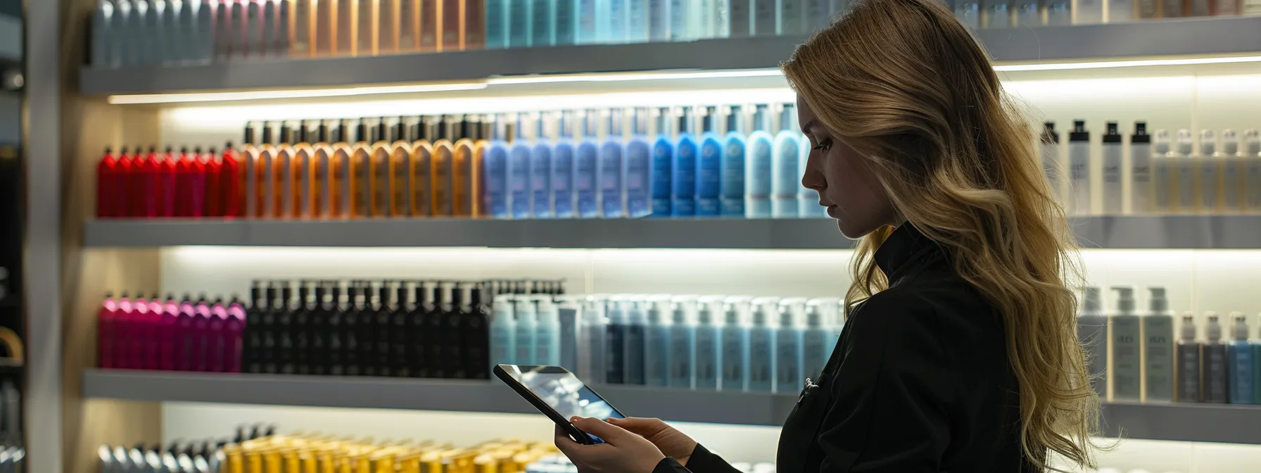 a sleek, modern hair salon interior showcases a stylist analyzing a detailed micro ktips extensions length chart on a digital tablet, surrounded by elegant display shelves of luxurious silk and blond microbead extensions, illuminated by soft, focused lighting. a sleek, modern hair salon interior showcases a stylist analyzing a detailed micro ktips extensions length chart on a digital tablet, surrounded by elegant display shelves of luxurious silk and blond microbead extensions, illuminated by soft, focused lighting.