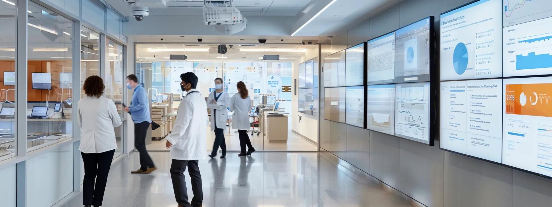 a sleek, modern healthcare office with digital screens showcasing data analytics, where intelligent ai agents are seamlessly integrated into a bustling environment filled with healthcare professionals focused on improving patient care. a sleek, modern healthcare office with digital screens showcasing data analytics, where intelligent ai agents are seamlessly integrated into a bustling environment filled with healthcare professionals focused on improving patient care.