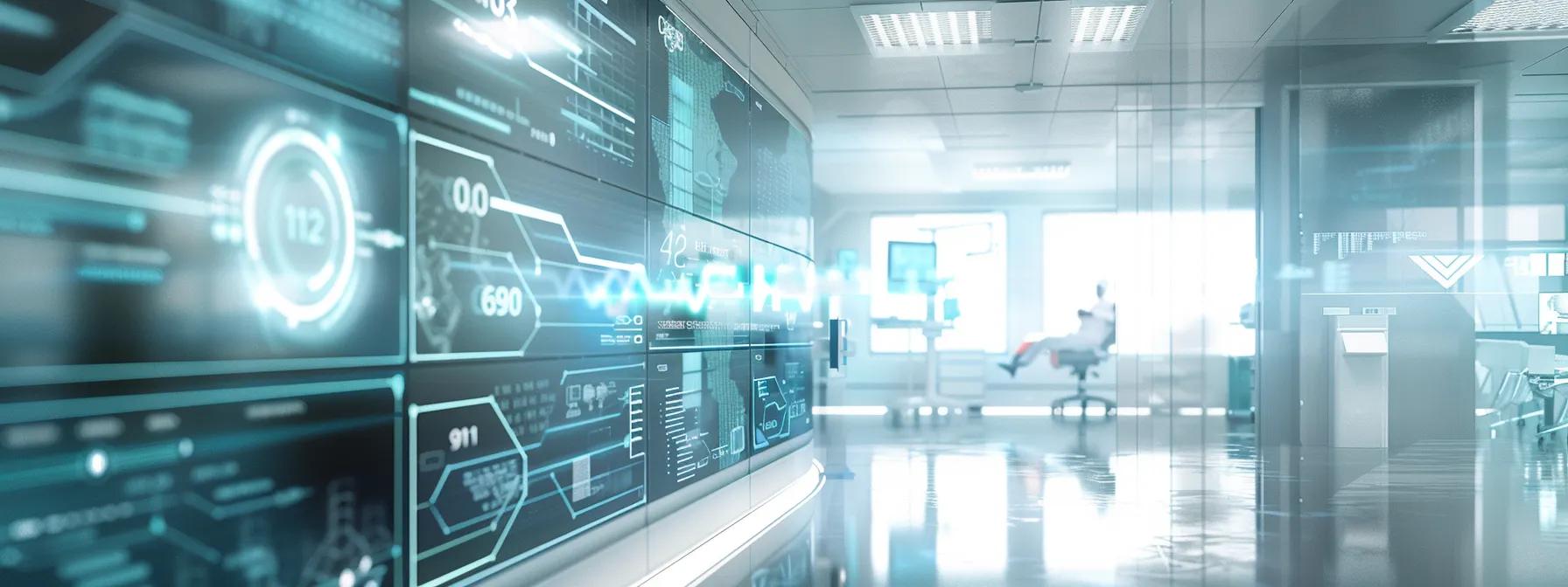 a sleek, modern healthcare office setting filled with digital screens displaying data analysis and ai interface visuals, capturing the integration of intelligent software systems in optimizing patient management and clinical decision-making. a sleek, modern healthcare office setting filled with digital screens displaying data analysis and ai interface visuals, capturing the integration of intelligent software systems in optimizing patient management and clinical decision-making.
