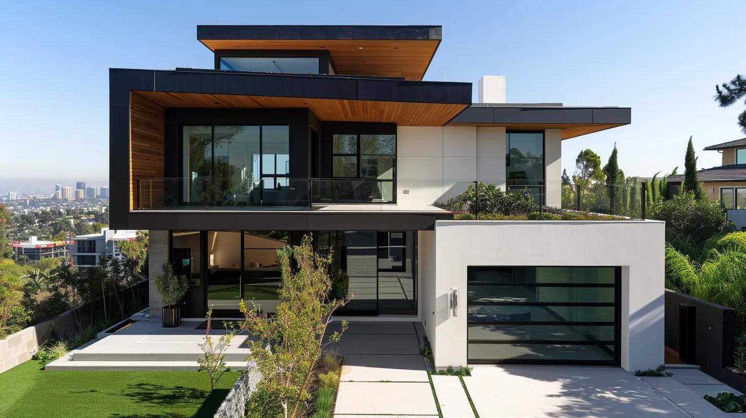 a sleek, modern home exterior showcases a freshly installed, shiny gutter system, emphasizing the clean lines and craftsmanship against a clear blue sky and urban backdrop.