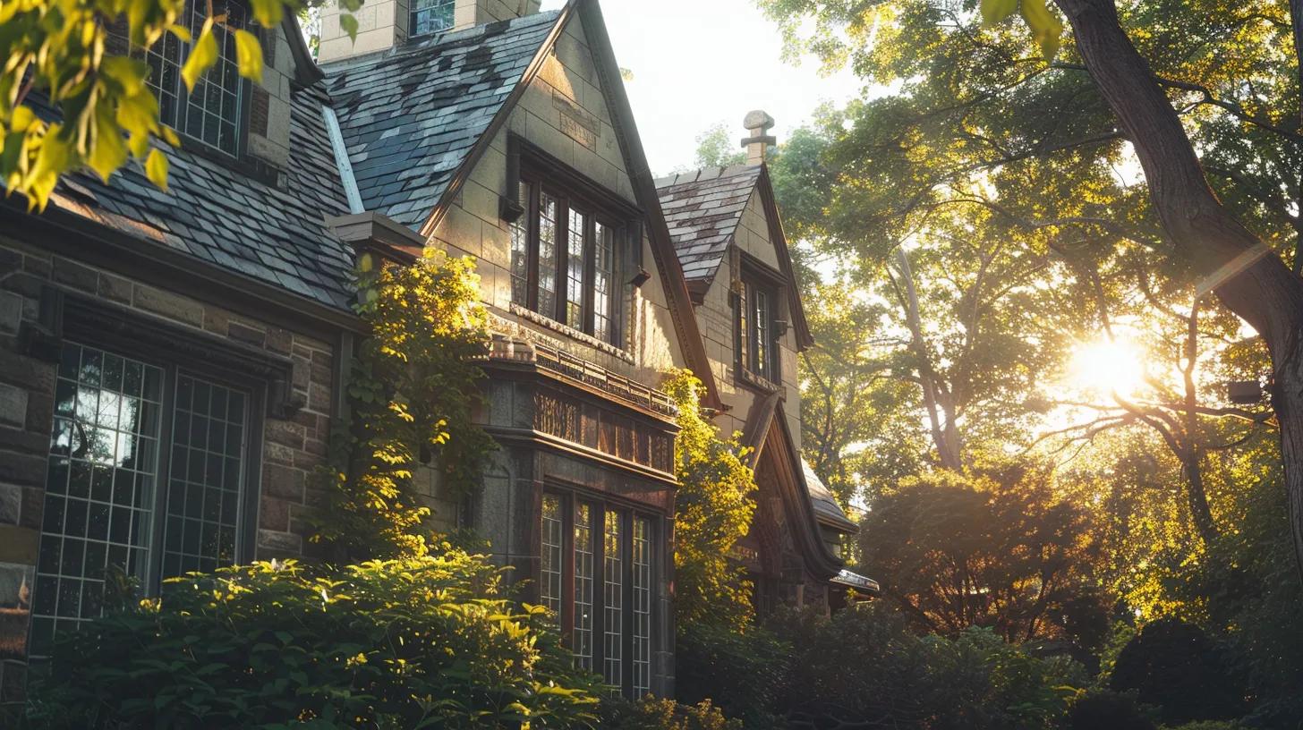 a sleek modern home featuring a blend of shingle style and gothic revival architecture, bathed in soft golden sunlight, showcases large windows that reflect the surrounding greenery. a sleek modern home featuring a blend of shingle style and gothic revival architecture, bathed in soft golden sunlight, showcases large windows that reflect the surrounding greenery.