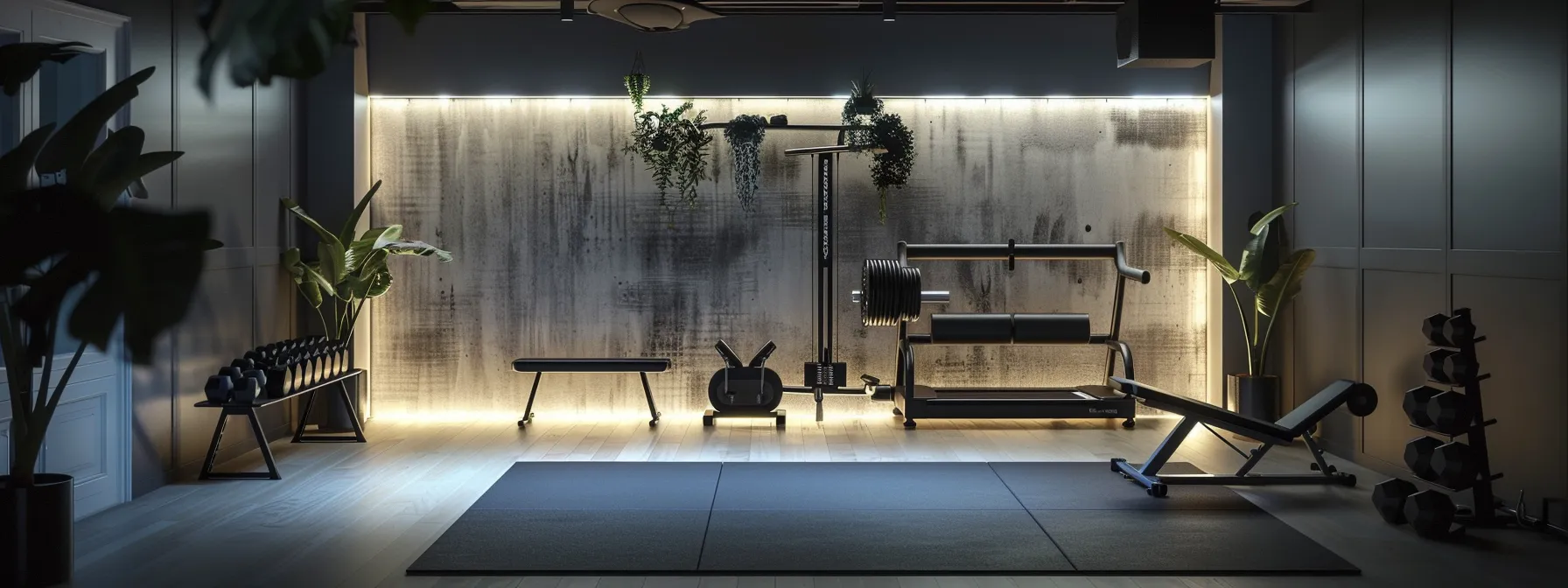 a sleek, modern home gym setup featuring organized equipment, a durable rubber floor, and an inspiring motivational wall, illuminated by bright artificial lighting to enhance the energetic atmosphere.