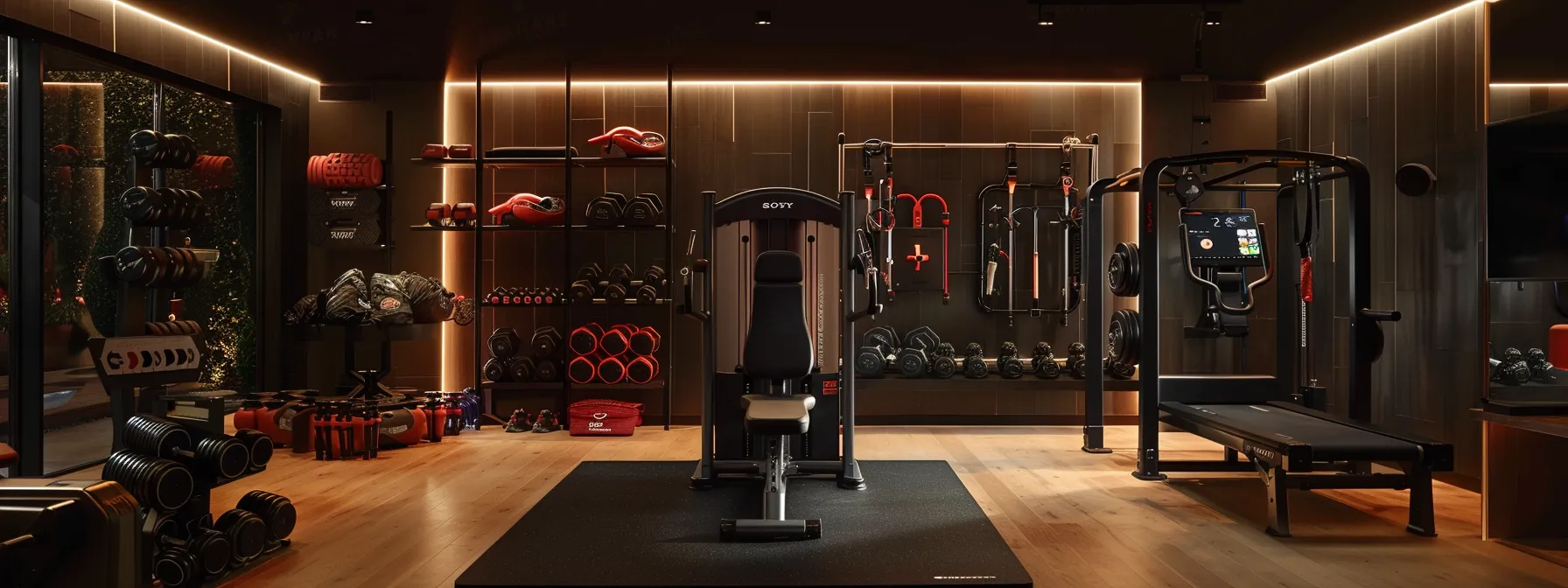 a sleek, modern home gym setting showcases an array of high-end fitness equipment, including a stylish bowflex machine and an assortment of vibrant, athletic gear, illuminated by dynamic spotlights that highlight current seasonal promotions and special offers on performance essentials.